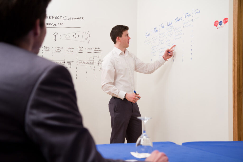 Man Using Whiteboard Wall in Office After Learning How to Turn a Wall into a Whiteboard