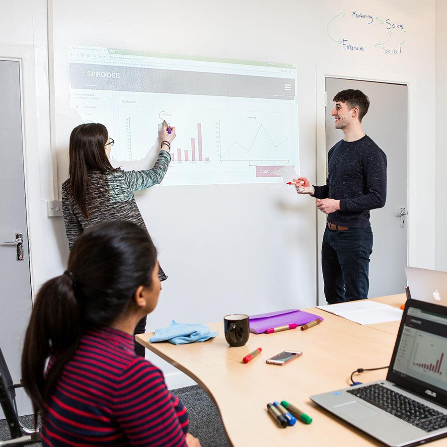 Problem solving in office on white matte whiteboard paint surface