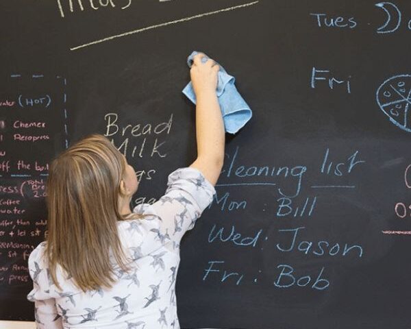 woman using smart surfaces chalkboard paint and microfiber cloth