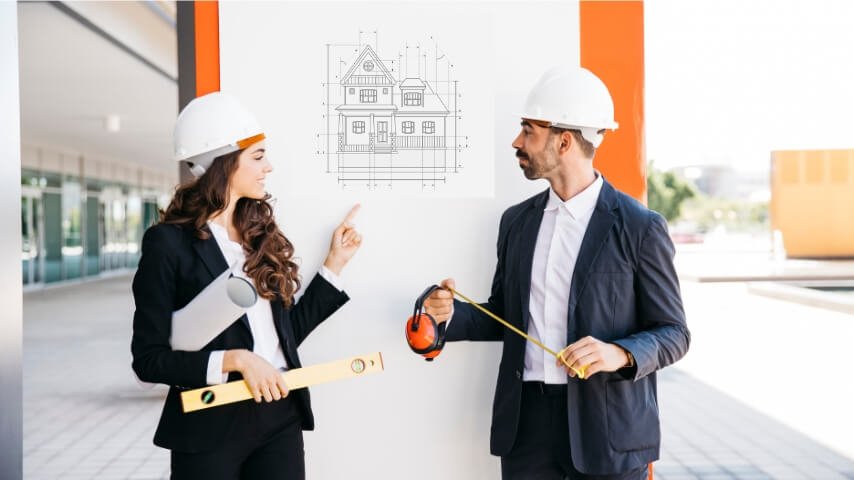 Architect engineers showing plan-building on construction whiteboard